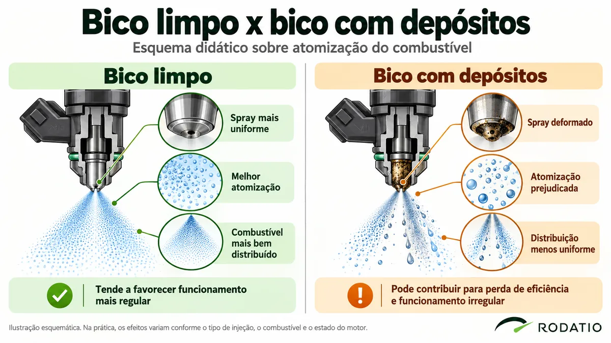 Ilustração comparando um bico injetor limpo e outro com depósitos, mostrando diferenças na atomização do combustível
