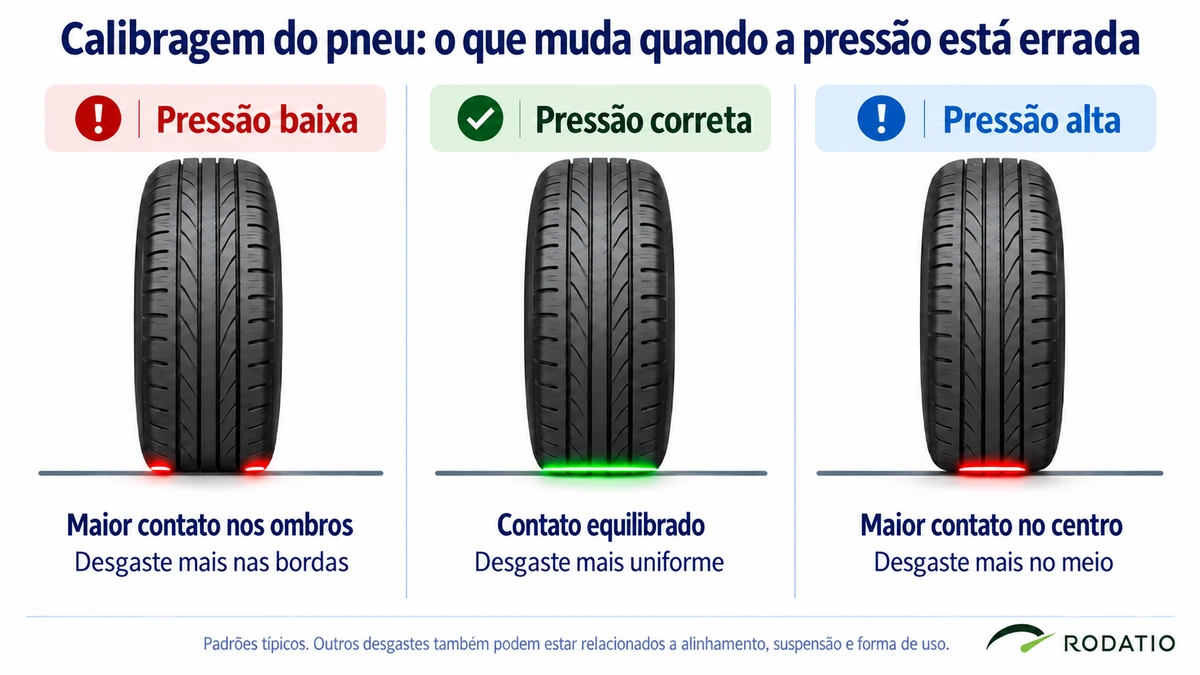 Efeitos típicos da pressão baixa, correta e alta no contato e desgaste dos pneus