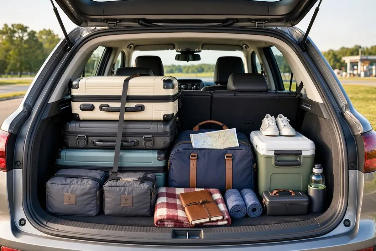 Porta-malas organizado com bagagens e itens preparados para uma viagem de carro