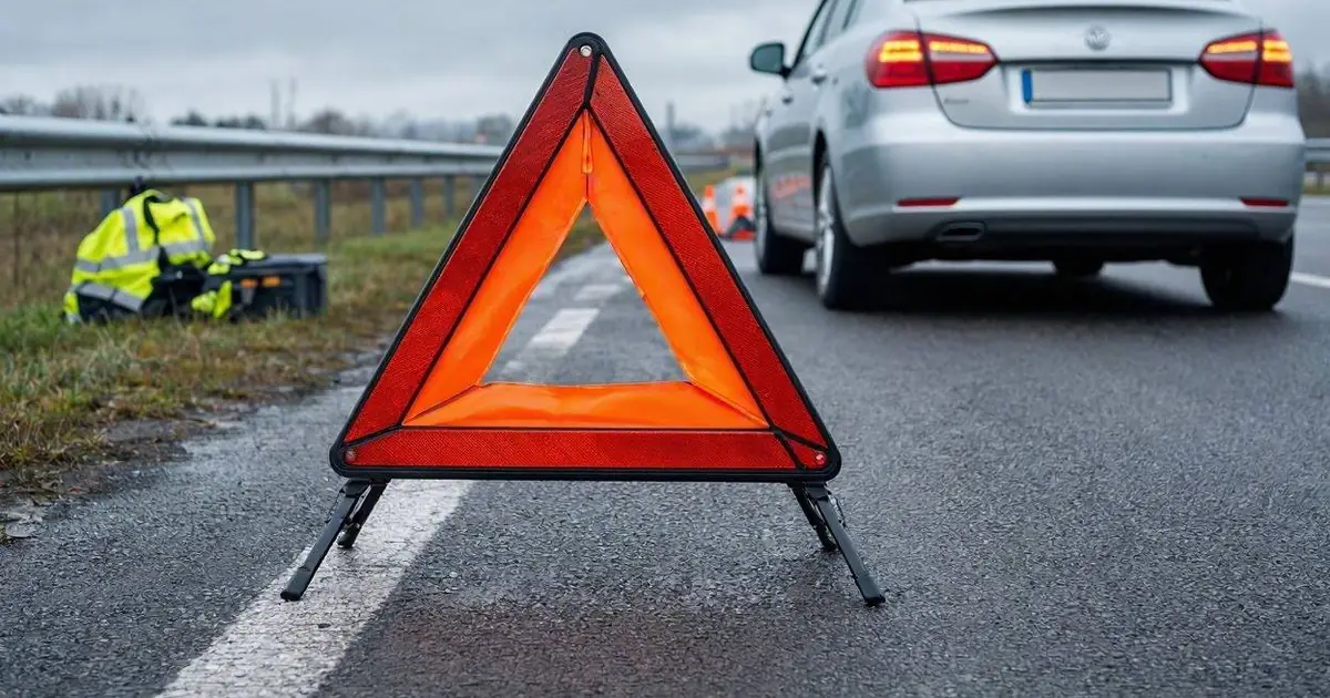 Carro parado em uma rodovia com triângulo de sinalização de emergência